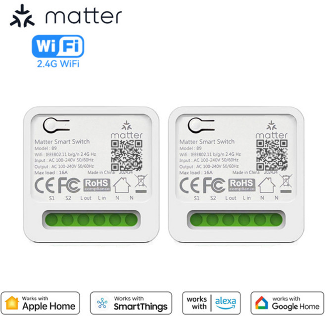 매터 스마트 스위치 16A 미니 WiFi 릴레이 모듈 홈 오토메이션 DIY 조명 스위치 Homekit Alexa Google Home SmartThings와 호환, [01] Matter 2PC