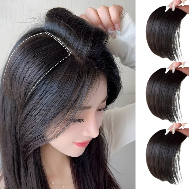 클릭코 헤어피스 10cm 여자 앞머리 옆머리 인모 100% 똑딱이 볼륨 가발, 3개, 블랙