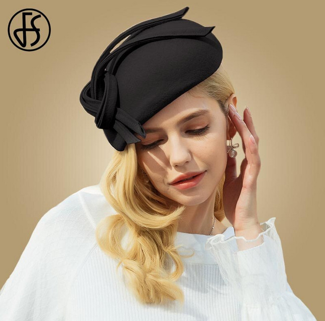 FS FASCINATOR 핑크 퍼플 필 박스 웨딩 모자 여자을위한 우아한 바느질 검은 양모 펠트 페도라 교회 더비