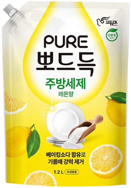 피죤 퓨어 뽀드득 주방세제 레몬향 1.2L 리필, 1