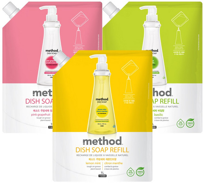 메소드 스마트 클린 비건 주방세제 리필 1L x 3개 (레몬민트 + 핑크그레이프 + 바질), 1세트