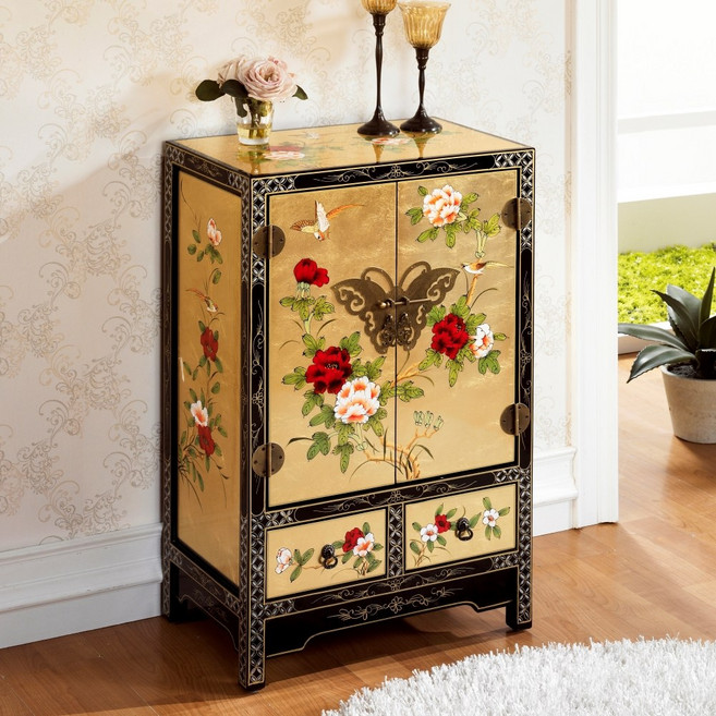 SL겔러리 A.중장 양문장 나비서랍 나비장 금박자개장 협탁 수납 콘솔 골드블랙 엔틱 인테리어