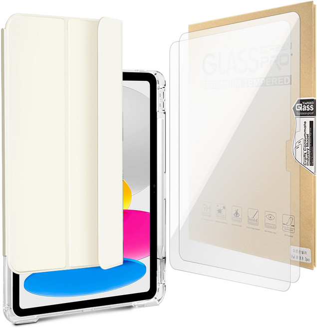 더조은셀러 아이패드 호환 트윈 슬라이드 레일 스탠딩 유리 필름, 크림, 케이스, 1세트