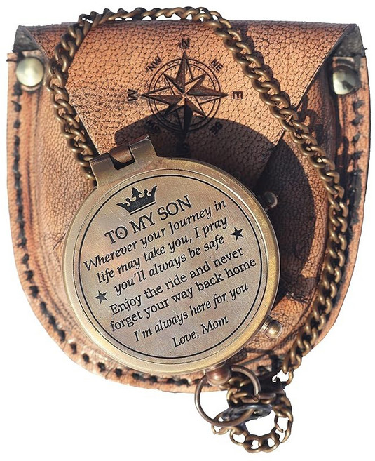 남성용 황동 조각 나침반 가죽 케이스가 있는 포켓 나침반 졸업 성찬식 세례를 위한 앤티크 수제 종교 선물 아이디어 (아들 사랑하는 엄마에게), 1개