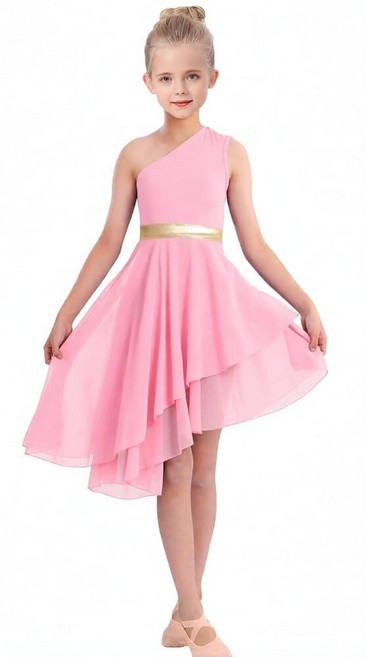 ORIDOOR Oblique Shoulder Praise Dance Costume for Girls Metal Irregular Worship Ceremony Lyrical, 9~10세, 02-핑크