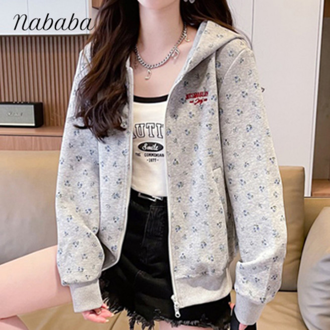 나바바 NC168 여성 플라워 패턴 긴팔 후드 집업
