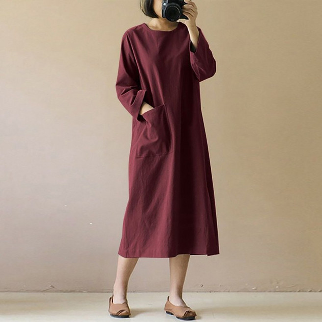 ROYALBELLE 여성 루즈핏 라운드넥 긴팔 포켓 디자인 데일리 편안한 린넨 캐주얼 원피스 B0082470