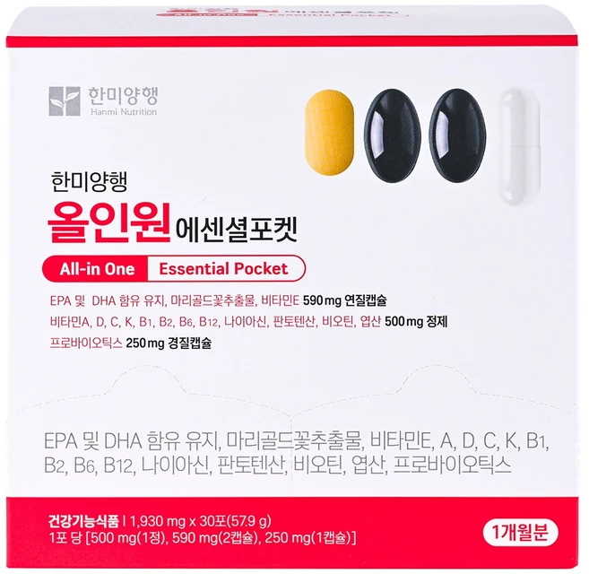 [한미양행] 올인원 에센셜포켓 1 930mg X 30포(57.9g) (프로바이오틱스 오메가3 루테인), 1박스, 30회분 - 쿠팡
