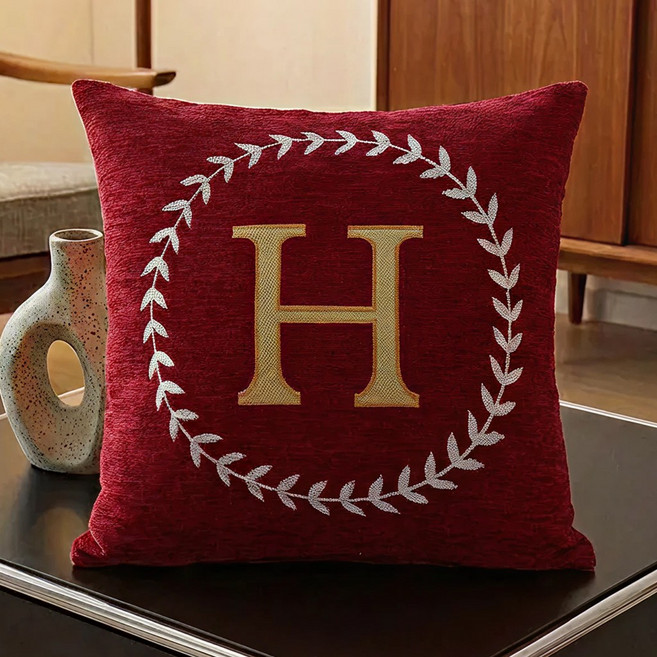 서플라이랩 H월계수 레터링 셔닐 쇼파쿠션 국산솜 포함, 2와인레드