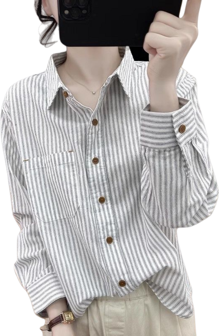 Makone 여성 면마 스트라이프 루즈핏 긴팔 셔츠 남방