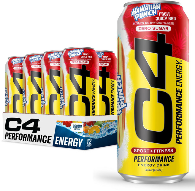C4 에너지 드링크 하와이안 펀치 프루트 쥬시 레드 탄산 C4 Energy Drink Hawaiian Punch Fruit Juicy Red Carbonated Sugar, 12개입, 473ml