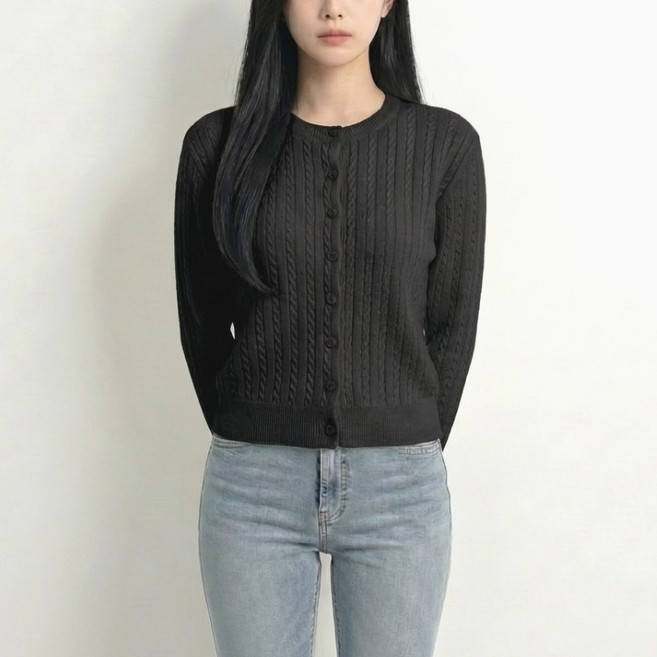 도시도시 여성용 봄 가을 부드러운 케이블 꽈배기 라운드 가디건 슬림핏