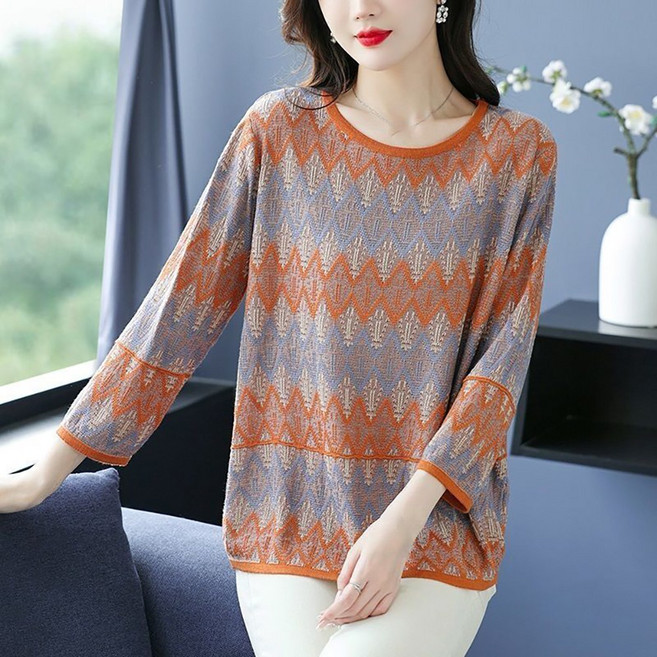 MOSAIRATION 여성 빅사이즈 티셔츠 루즈핏 엄마 중년 패셔너블한 7부 소매 라운드넥 배색 티셔츠 I030308