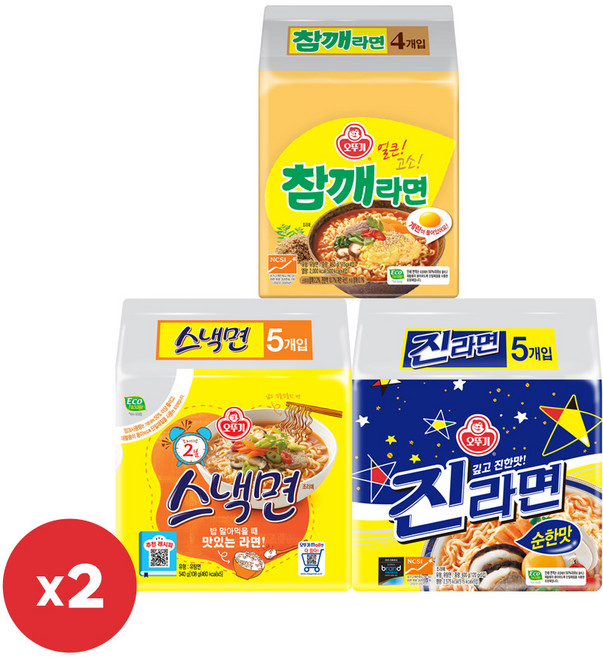 오뚜기 스낵면 (108gx5) 2개+진라면 순한맛 (120gx5) 2개+참깨라면 (115gx4) 2개, 1세트