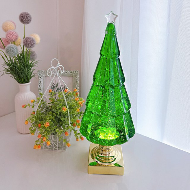 고급 별 트리 오르골 스노우볼 크리스마스워터볼 연말선물 LED 무드등 차박 캠핑 램프, 그린