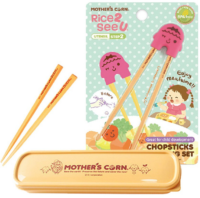 마더스콘 젓가락 1단 S 13.5cm + 연습용 젓가락 2단계 M 15.5cm + 쁘띠 스푼 케이스, 젓가락(이쁜이 핫핑크), 케이스(옐로우), 1개