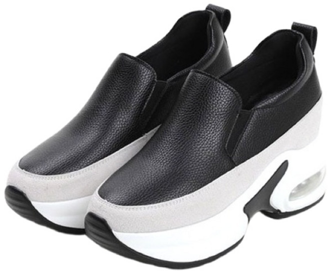 [트리샤]천연소가죽 키높이 에어쿠션 통굽 여성 스니커즈 슬립온 운동화 스니커즈 BK P454