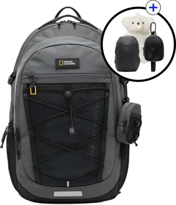 [국내매장판] 내셔널지오그래픽 브레이브 백팩 미니 파우치 레인커버 구성 + 화이트 미니 곰돌이 가방고리