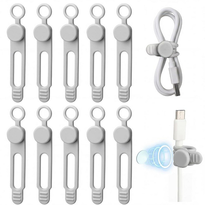 Geelin 10팩 마그네틱 실리콘 케이블 타이 벌크 재사용 가능한 정리함 스트랩 코드 관리용 와이어 USB 케이블용 헤드폰 충전기 커튼 타월 스트랩(그레이) 314359 89, 회색