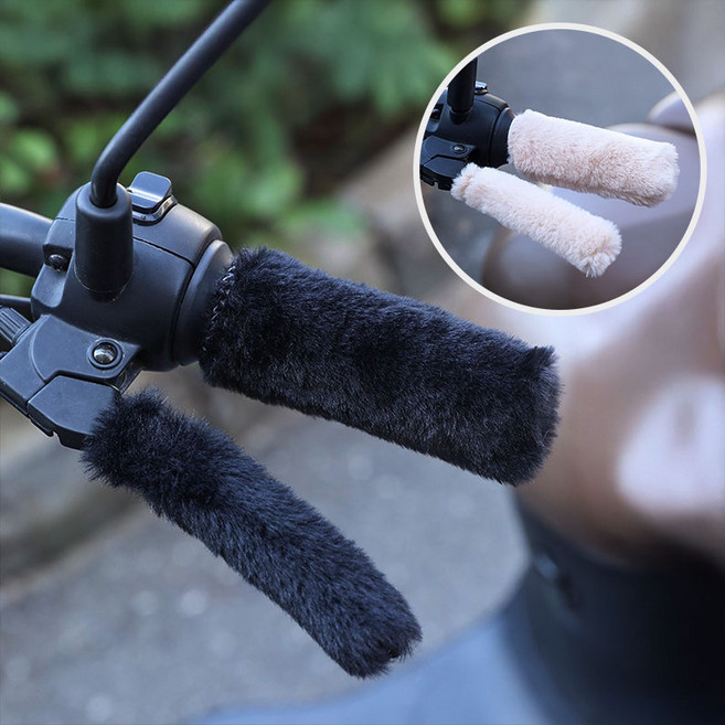 1+1 미즈코스 퍼 핸들 커버 오토바이 자전거 그립 스쿠터 킥보드 겨울 방한 털 손잡이, 1세트, 블랙+브라운