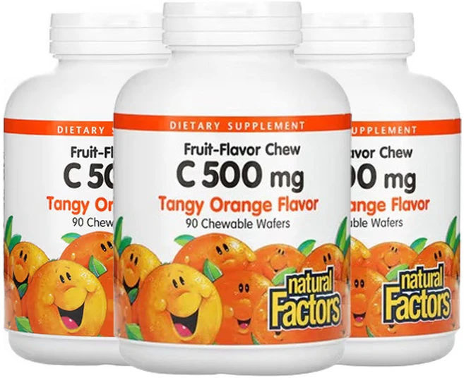 네추럴팩터스 과일 맛 츄 비타민C 탠지오렌지 500mg 츄어블 웨이퍼 90 개, 3개, 90정 - 쿠팡