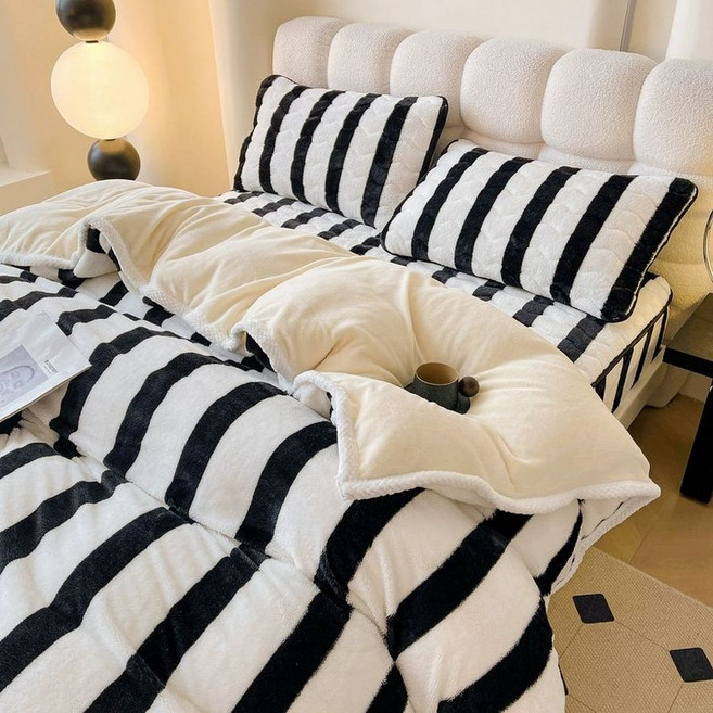 장모 극세사 겨울 두꺼운 단품 차렵, 스트라이프-블랙 앤 화이트