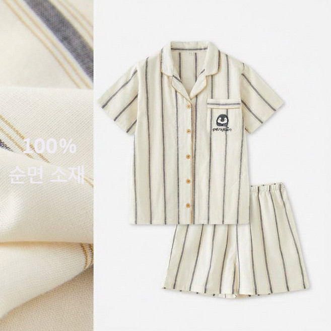 커플 여름 잠옷 세트 순면 이중거즈 반팔 반바지 통기성 편안한 홈웨어