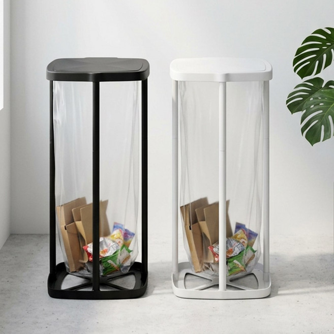 가정용 재활용 분리수거함 대용량 접이식 높이조절 비닐봉투걸이 거치대 2P, 블랙+화이트