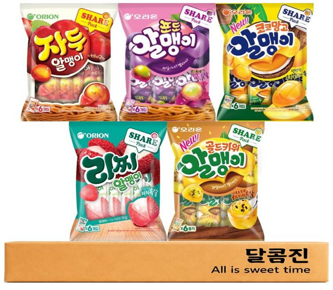 [달콤진] 오리온 알맹이젤리 골드키위+리찌+포도+자두+코코망고, 1.08kg, 1세트