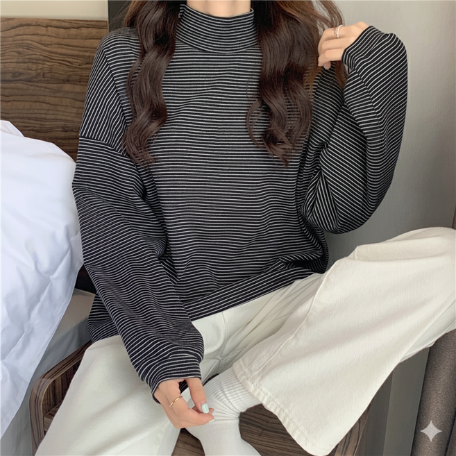 소비르 루즈핏 스트라이프 반폴라 목폴라 빅사이즈 티셔츠