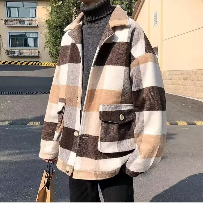 藍白格子男士冬季加厚短款毛呢夾克風衣外套棉服