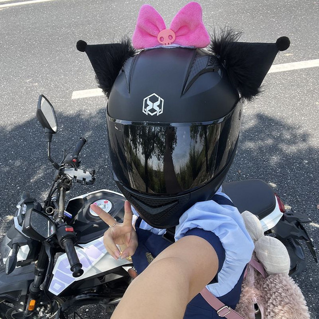 3C認證 復古安全帽 貓耳朵 全罩式機車帽 四季通用, 1個, 黑色全盔+送耳朵（透明鏡片）
