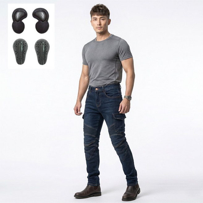 남성용 겨울용 기모 바이크 라이딩 진 오토바이 청바지 JES-36-L, 블루 + 업그레이드 보호대