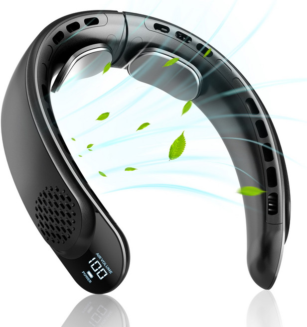 HUID 충전식 넥팬 아이스쿨 미니 USB 대용량 디지털 표시 무날개 목 선풍기, 블랙, S8