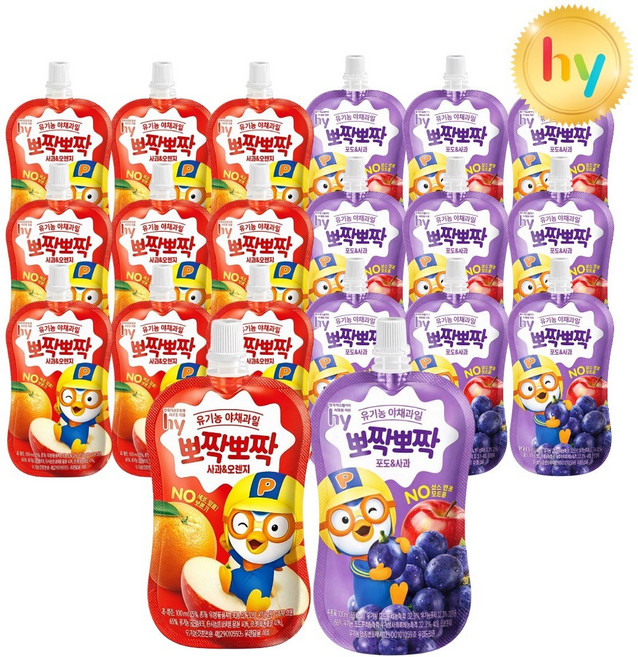 hy 뽀로로 뽀짝뽀짝 유기농주스 2가지맛 100ml(사과오렌지10+포도사과10) 총20입, 20개, 100ml