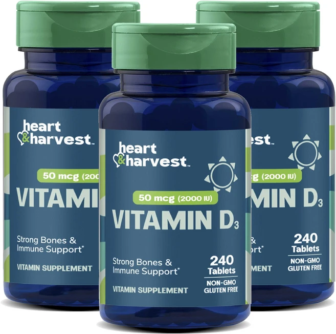 Heart & Harvest 50mcg 2000IU 비타민 D3 타블렛, 3개, 240정 - 쿠팡