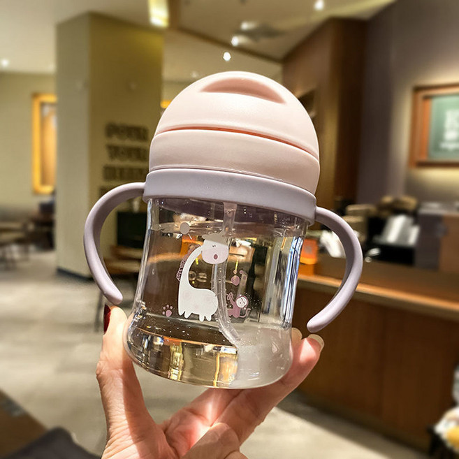 寶寶吸管水杯 可愛河馬造型 附刻度, 粉色, 1套, 250L