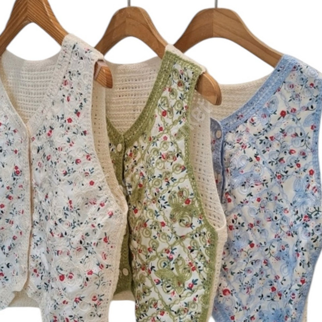 빈티지 꽃자수 크로쉐 단추조끼 가디 건