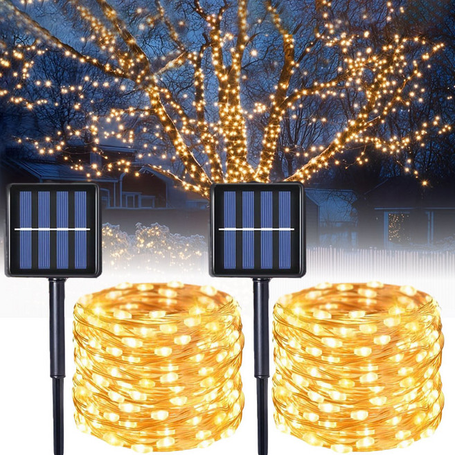 KELAKE 태양열 와이어 전구 100구 2개 태양광 정원등 LED 줄조명 12M+12M 마당 조명 장식, 황광