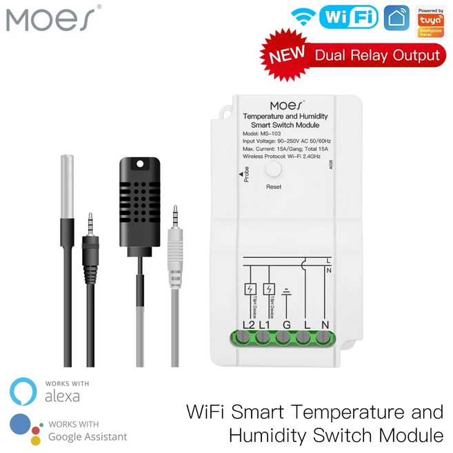 와이파이 스마트 온도 습도 스위치 모듈 듀얼 릴레이 라이프 앱 무선 알렉사 구글과 작동, 없음, 1개