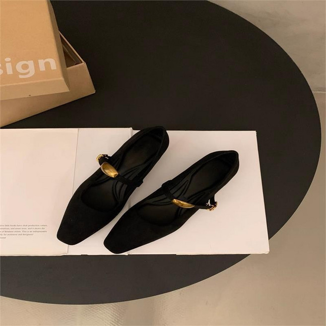 瑪麗珍鞋 絨面淺口一字帶復古女鞋, 黑色,35