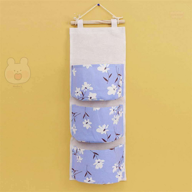 만두상점 플라워 3단 벽걸이 포켓 수납함 블루 패브릭수납바구니대형