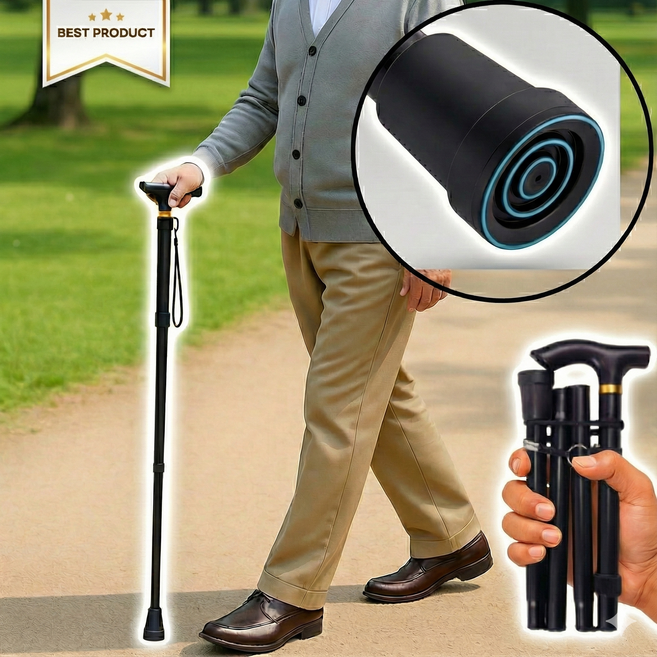 모노리 5단 길이조절 접이식 초경량 미끄럼방지 어르신 지팡이, 블랙, 1개