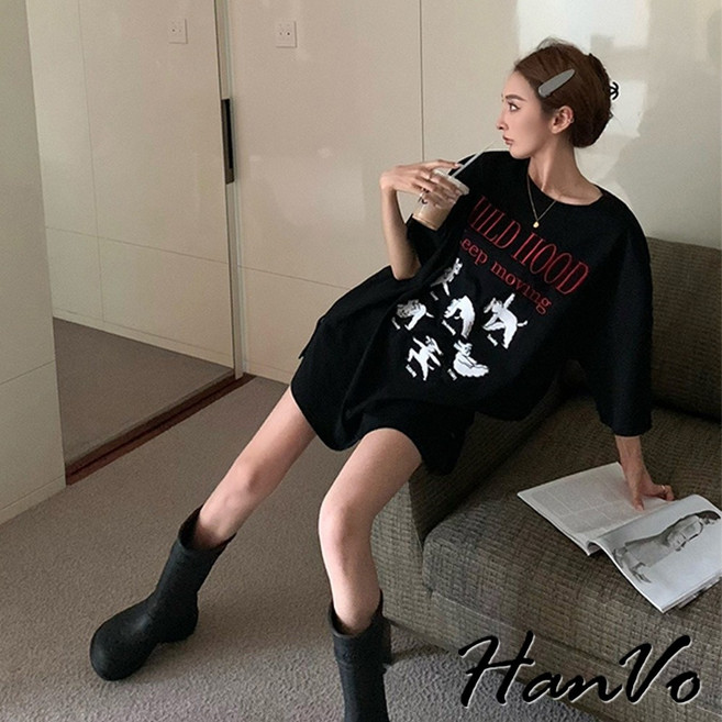 HanVo 瑜珈狗寬鬆休閒長版衣 簡約慵懶舒適韓系女裝