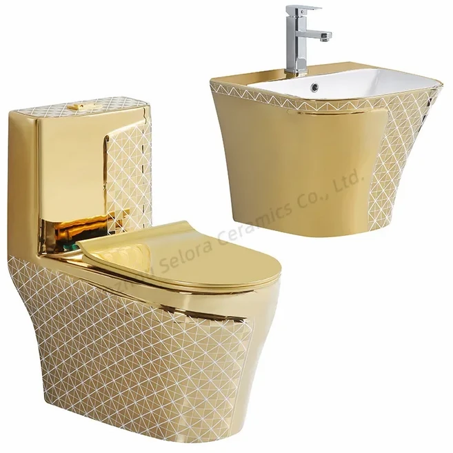 모던 럭셔리 욕실 풀세트 위생도기 일체형 세라믹 변기 세면대 세트, 01 Gold-1
