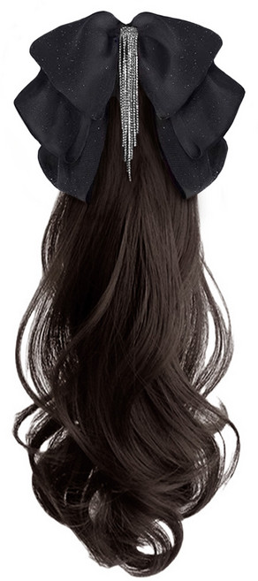 일호장신구 글램 롱 웨이브 빅 리본 가발 집게핀 긴머리 굵은 컬 부분 헤어 스타일링, 1개, 다크브라운