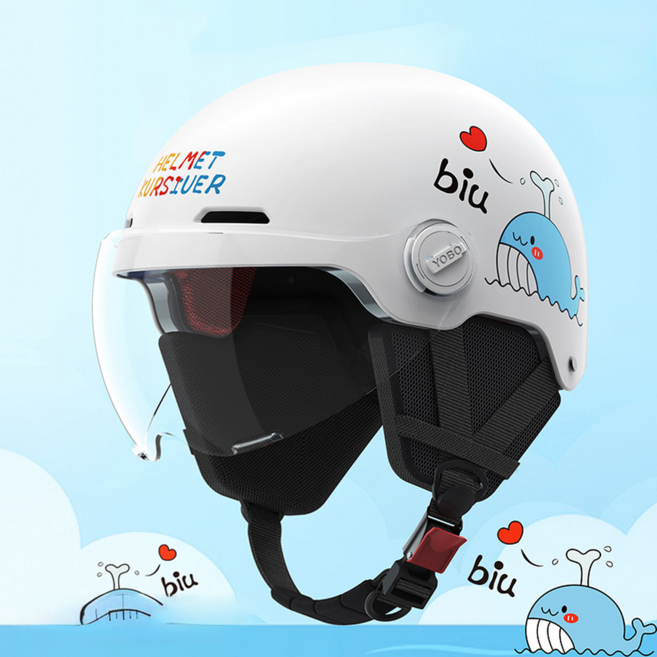 YOUBO 兒童頭盔 適用6-12歲 夏季通風 滑板腳踏車, 白色鯨魚 - 透明短鏡 可拆卸護耳