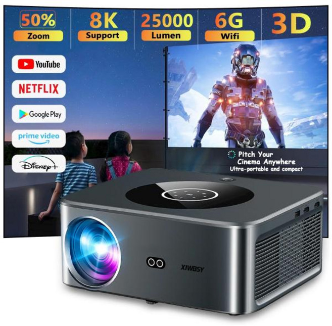 미니 빔 프로젝터 미니빔 가정용 캠핑용 미니 XIWBSY 25000 루멘 안드로이드 4K LED 800ANSI WiFi6 블루투스 비디오 홈 시어터 자동 초점/Keystone Pe, 2)8G Manual Focus, 8G Manual Focus