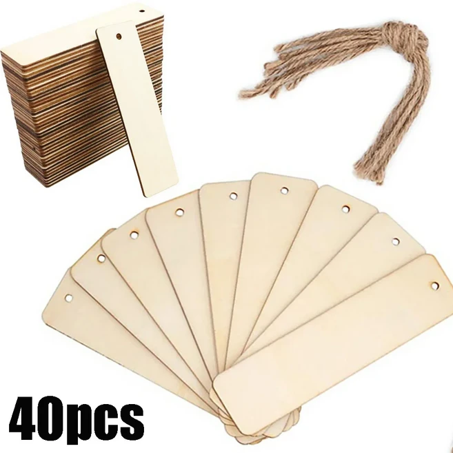 10/20/40/60개 나무 블랭크 북마크 로프 포함 DIY 미완성 태그 공예 웨딩 생일 파티 장식, 01 40PCS