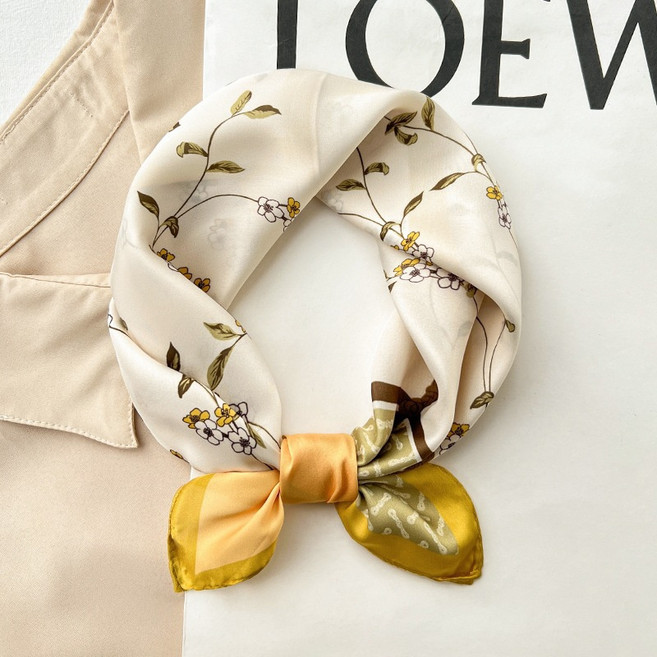 70cm 작은 스카프 가을 빈티지 입체 프린트 스카프 여성 커리어 쁘띠 스카프 모조 실크 리본